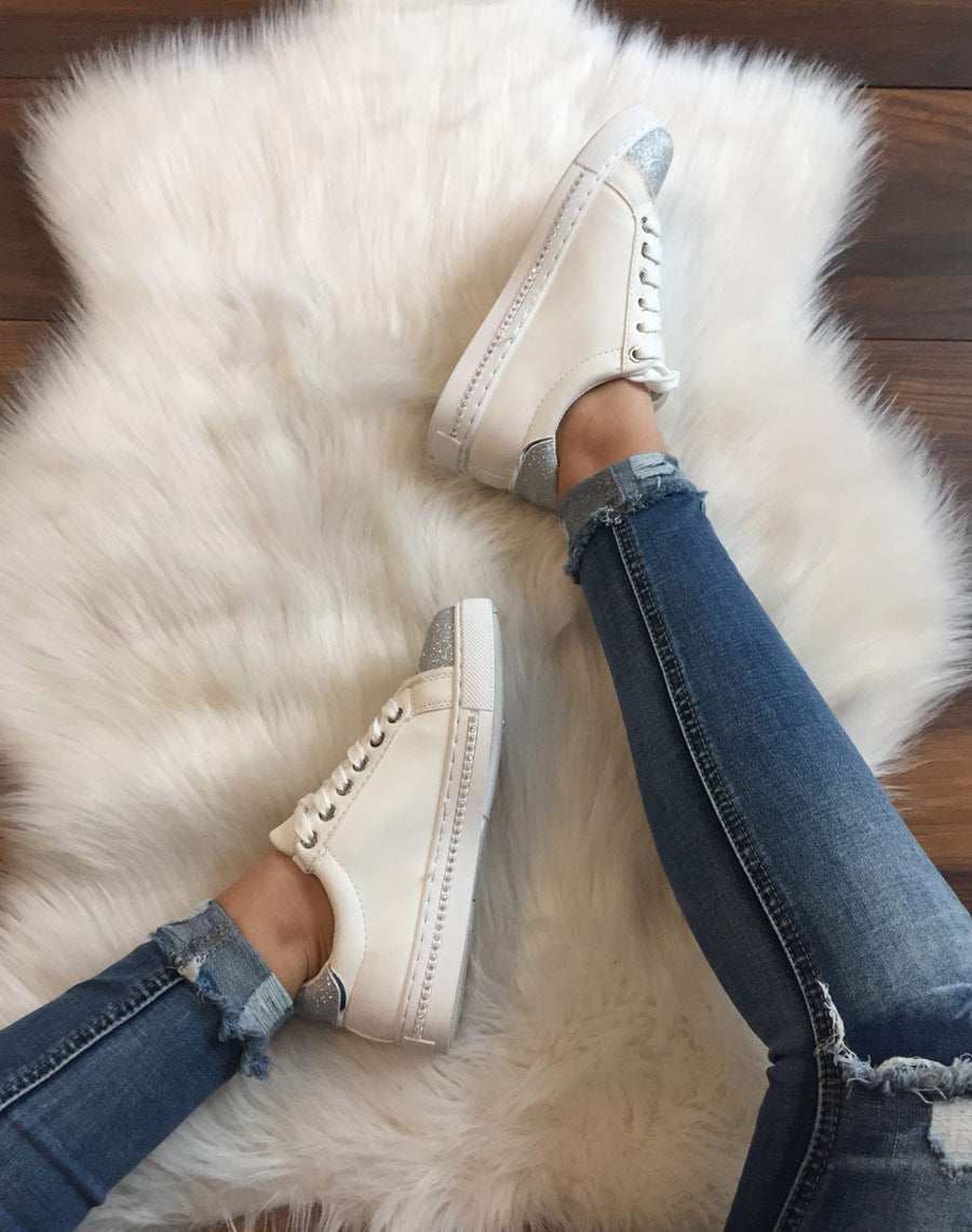 Sneakers bi matières blanches pailletés