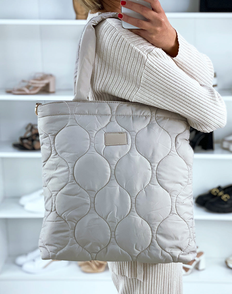 Tote bag beige effet nylon matelassé