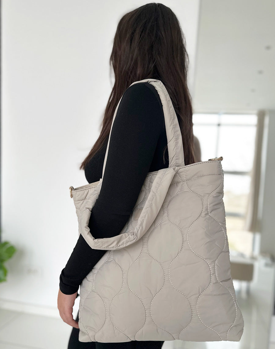 Tote bag beige effet nylon matelassé