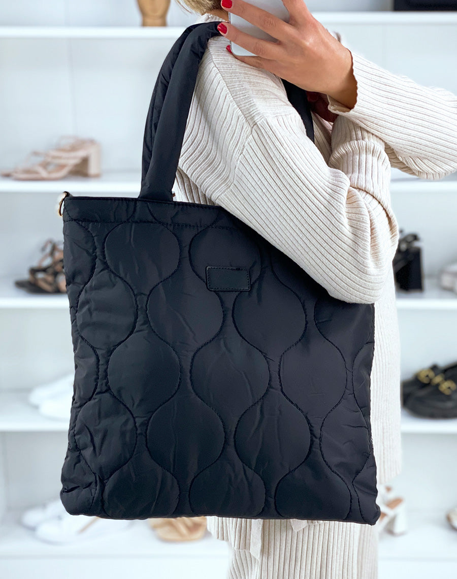 Tote bag noir effet nylon matelassé