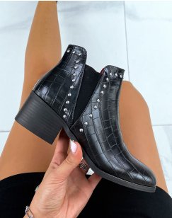 Black croc-effect low ankle boots with studs