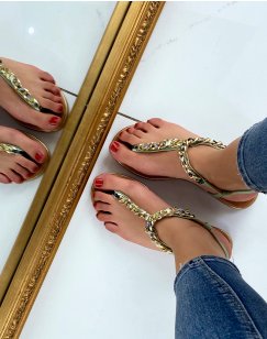Pastel green sandals with colorful fabrics and golden chain
