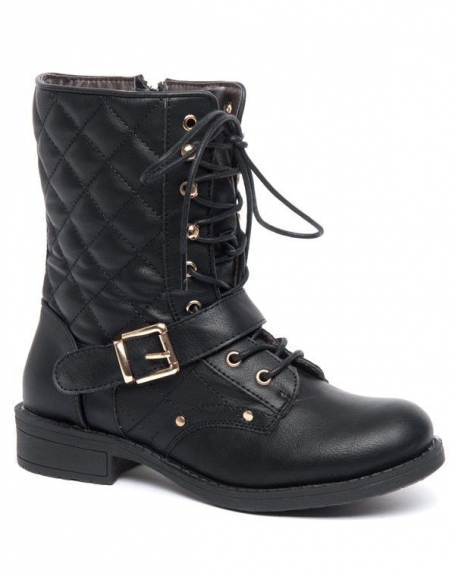 Alicia Shoes black boot, gold hooks, quilted outer side