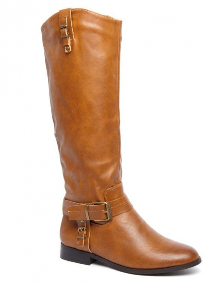 Alicia Shoes camel thigh boot, rider style straps with patinated buckle
