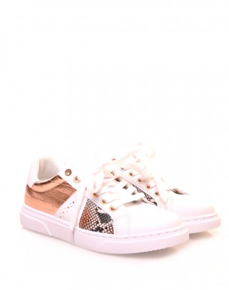 Baskets blanches  empicements croco roses gold et python
