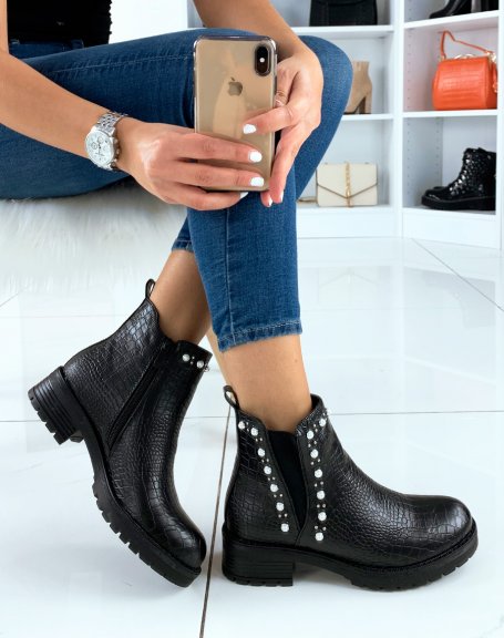 Beaded and studded black croc-effect low boots