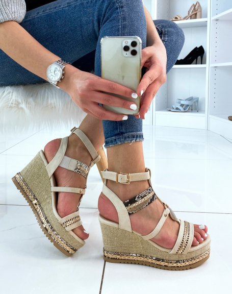 Beige and gold wedge sandals