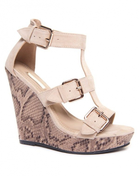 Beige Bellucci sandals with snake print wedges