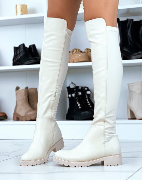 Beige bi-material fabric-effect boots with thin sole
