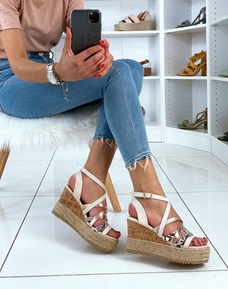 Beige bi-material wedges with python and copper effect