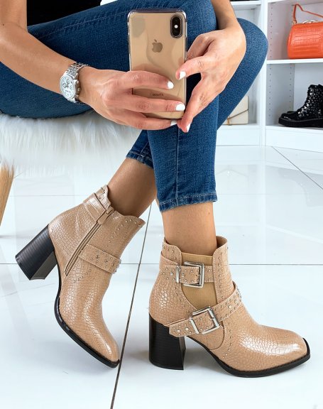 Beige croc-effect heeled ankle boots with square toe