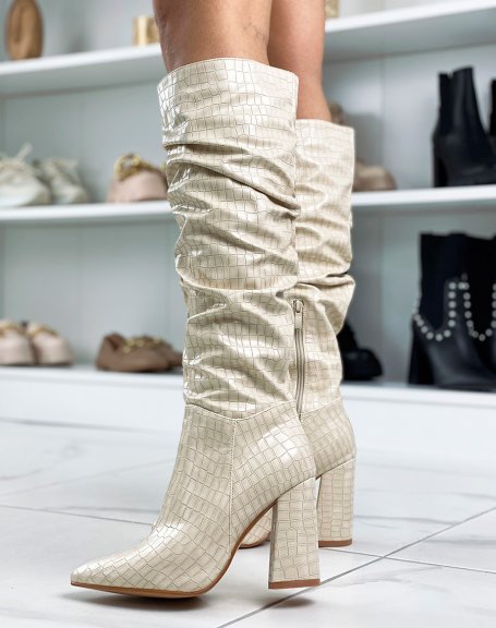 Beige croc-effect heeled boots