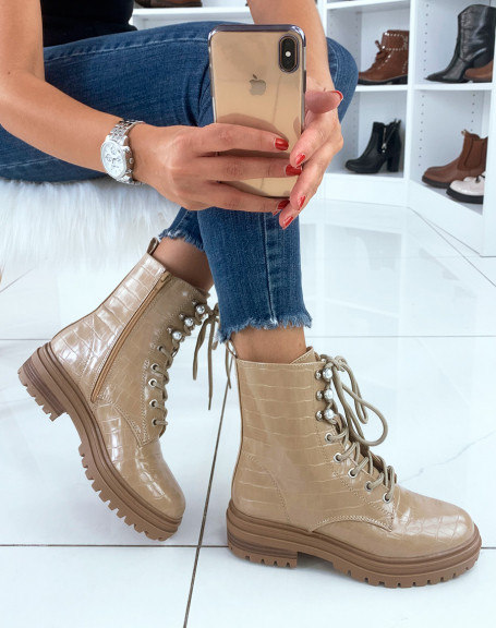 Beige croc-effect high ankle boots