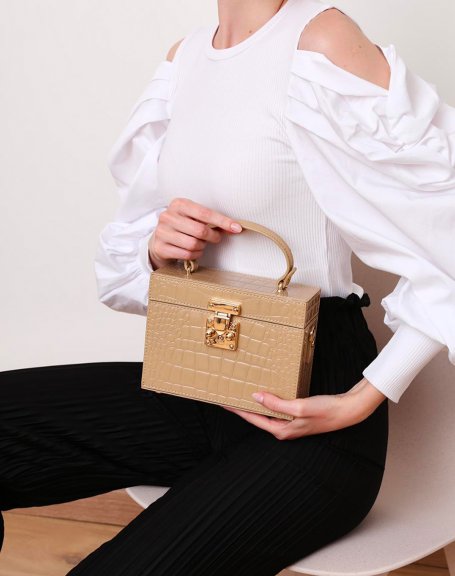 Beige croc-effect mallet style handbag