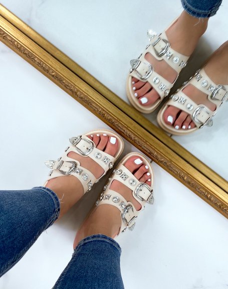 Beige double strap mules with silver jewels