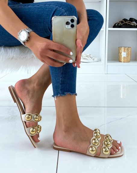 Beige flat mules with double straps and golden pearls