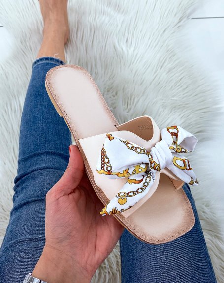 Beige flat mules with small knotted scarf
