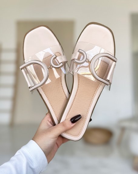 Beige flat mules with transparent strap and golden jewels
