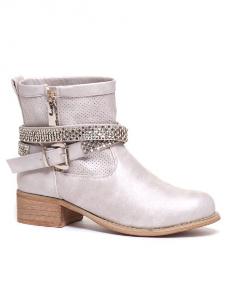 Beige heeled ankle boots with rhinestones from Idéal