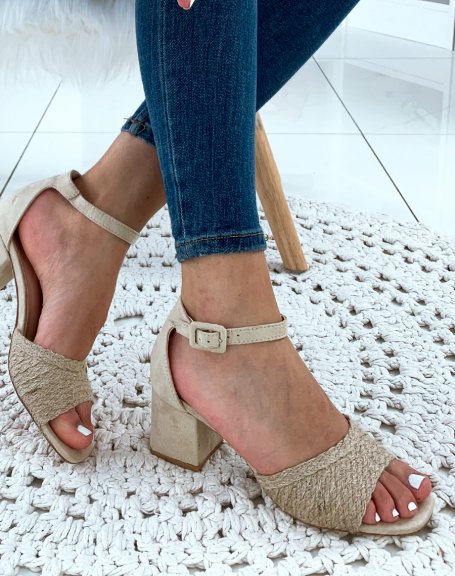 Beige heeled sandals with raffia strap