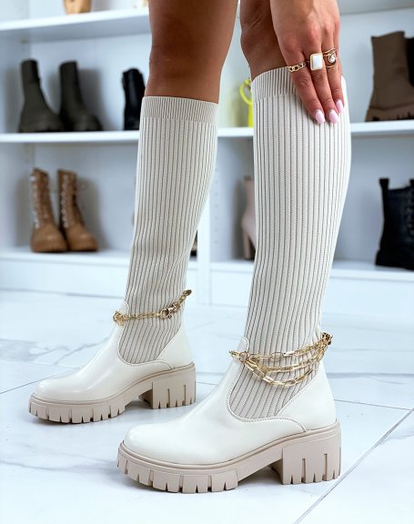 Beige high sock-effect boots with thin golden chains