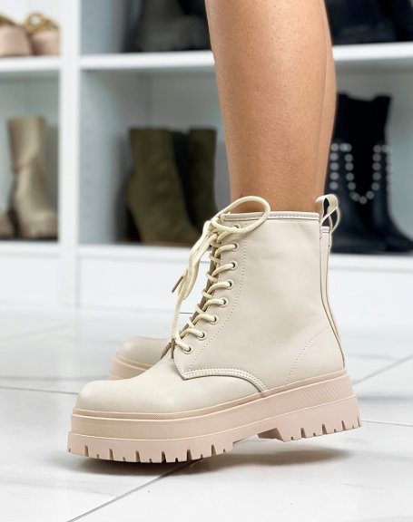 Beige lace-up chunky sole ankle boots