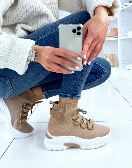 Beige lace-up sock sneakers with chunky sole