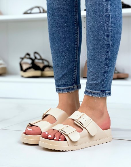 Beige mules with double front straps