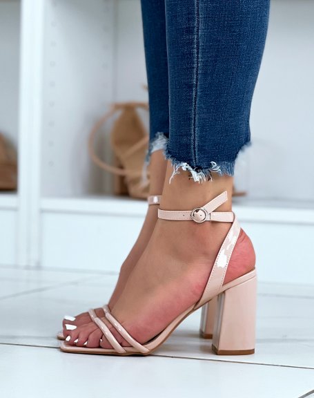 Beige patent sandals with double thin front straps with heel