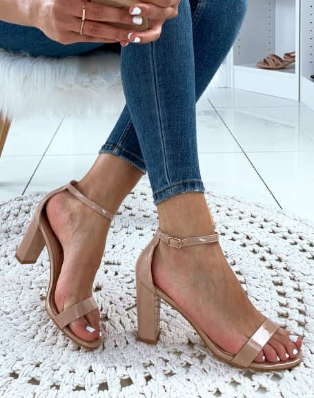 Beige patent sandals with square heels