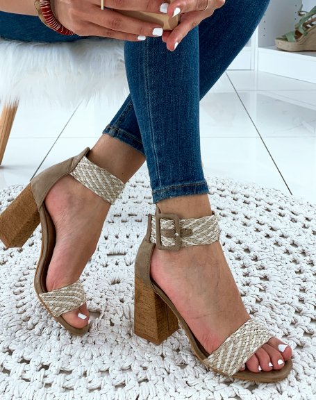Beige sandals with fancy straps and square heels