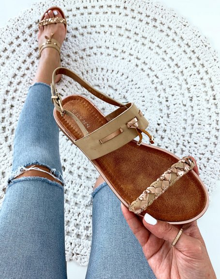 Beige sandals with two-tone braided strap and fancy strap