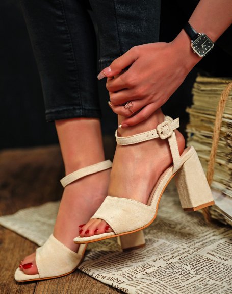 Beige sandals with wide thick strap and square heel