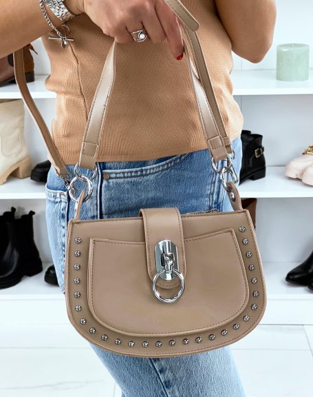 Beige satchel handbag with studded detail
