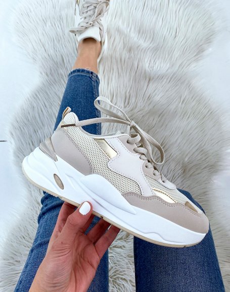 Beige sneakers with gold inserts and white sole
