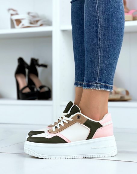 Beige sneakers with khaki and pink inserts