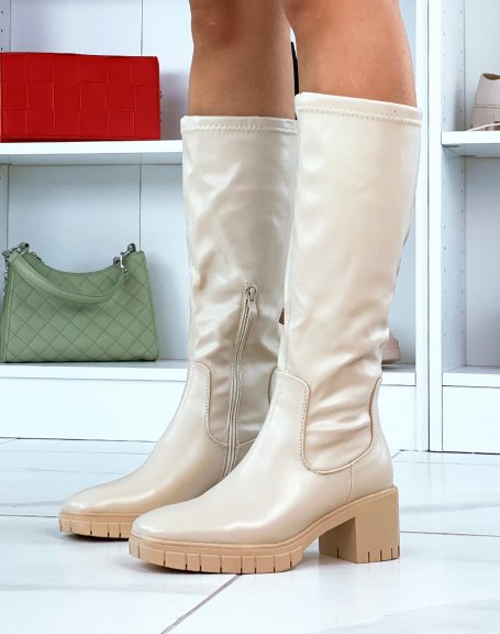 Beige square toe soft heel ankle boots