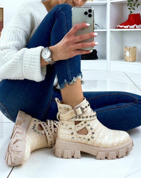 Beige studded crocodile ankle boots