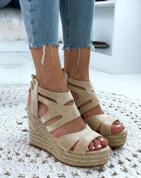 Beige suede wedges with multiple straps