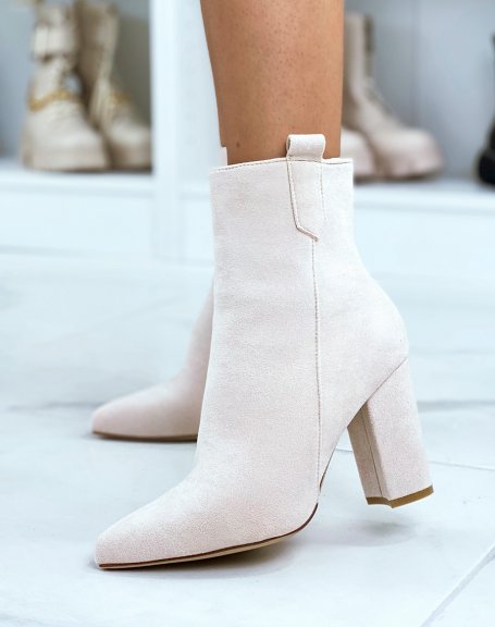 Beige suedette ankle boots with heel and pointed toe