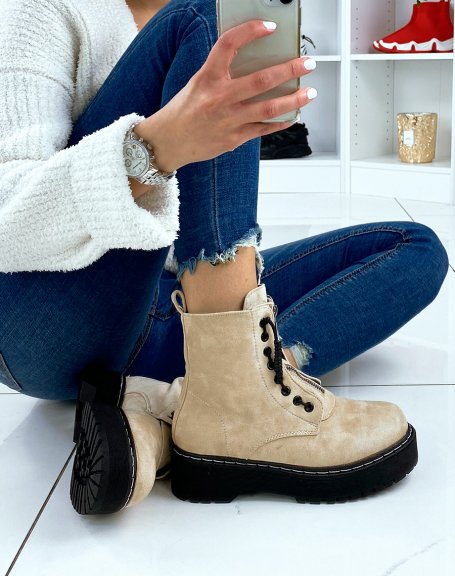 Beige suedette ankle boots with zip