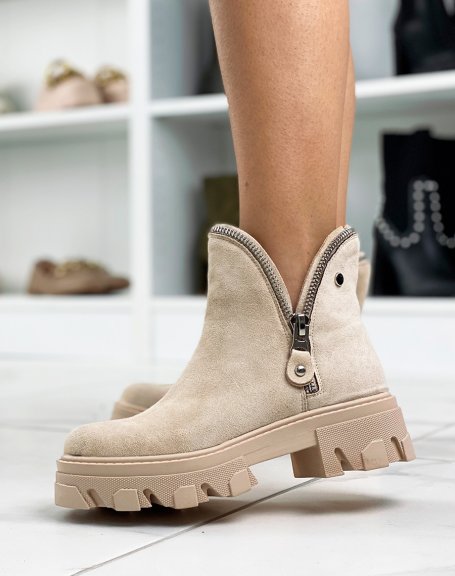Beige suedette ankle boots with zipped petal effect