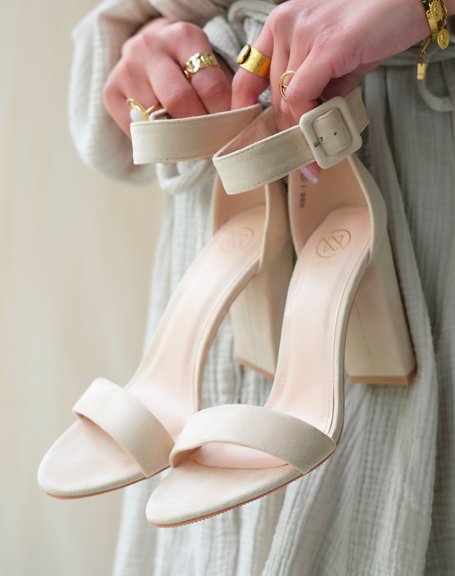 Beige suedette heeled sandals with square buckle