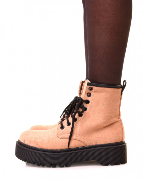 Beige suedette high-top ankle boots with large platform