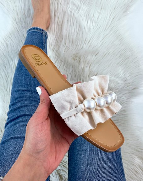 Beige suedette mules with large pearls