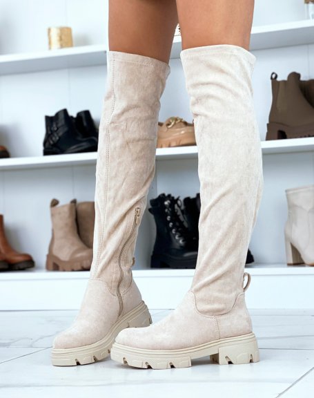 Beige suedette over-the-knee boots with golden chain