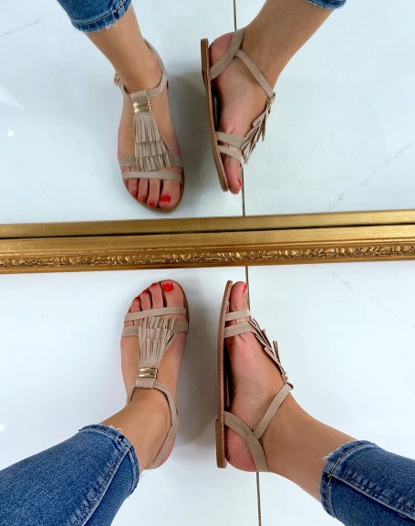 Beige suedette sandals with fringes and gold detail