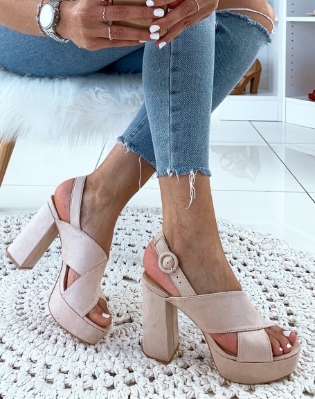 Beige suedette sandals with heel and crossed straps