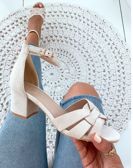 Beige suedette sandals with small square heels and wide fancy straps