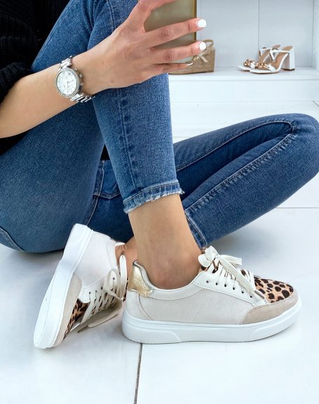 Beige suedette sneakers with leopard patterns